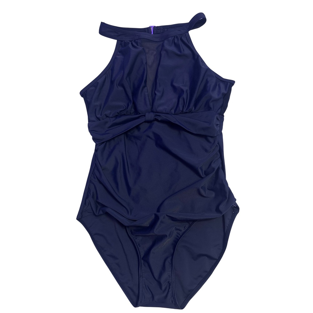Women's Navy Blue Halter Bow Front One Piece Swimsuit Small